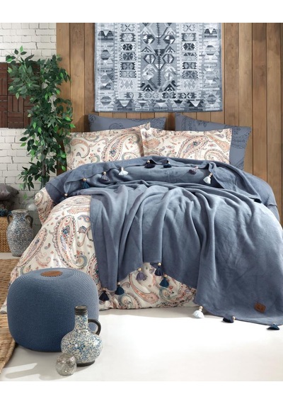 Boho Chic Çift Kişilik Püsküllü Battaniyeli Nevresim Seti - Cobal