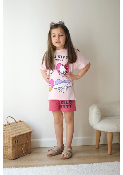 Turuncu Gardrop 3-10 Hello Kity Kuromi Stitch Şortlu Kız Çocuk Takım Pembe Pembe