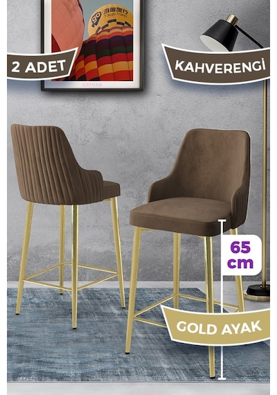 Canisa Tera Serisi 2 Adet Babyface Kumaş 65 Cm Gold Kaplama Ayaklı Kahverengi Bar Sandalyesi Kahverengi Sandalye Gold Kaplama Ayak