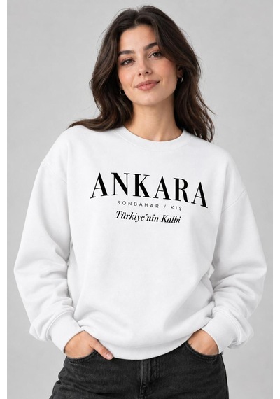 Gıovera Ankara Şehir Yazılı Bisiklet Yaka Kadın Sweatshirt beyaz