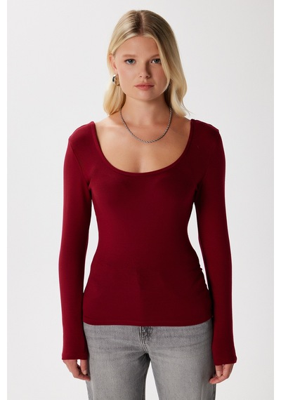 Ritnice Kadın Heat Lux Touch U Yaka Bordo Uzun Kol Soft Bluz Bordo