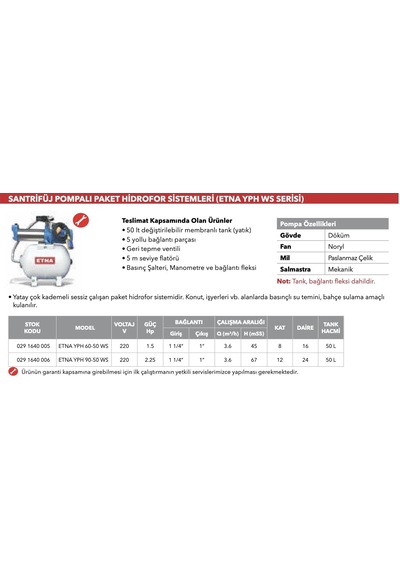 Etna Yph 90-50 Ws 50 Lt. Tanklı Hidrofor 12 Kat - 24 Daire - 2,3 Hp