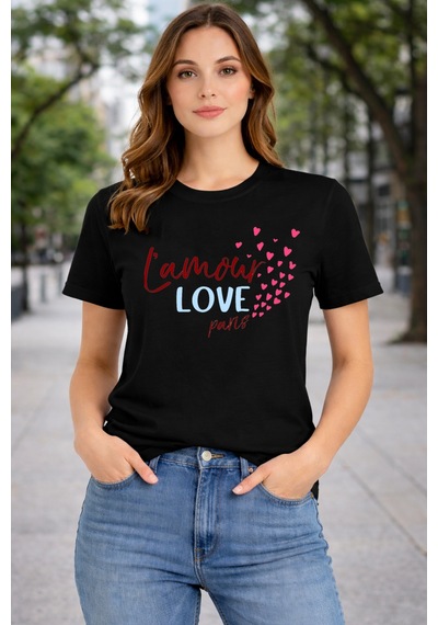 Herkesemoda Lamour Love Baskı Detaylı Basic T-shırt Siyah