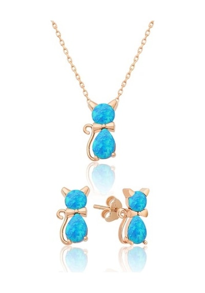 925 Ayar Opal Taşlı Kedi Gümüş Kadın Küpe Kolye Set Rose Altın