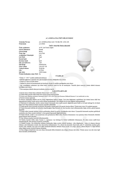 40w Torch Led Ampul 3200k Sarı Işık