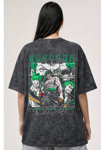 Roronoa Zoro One Piece Anime Baskılı Unisex Oversize Eskitme Yıka Siyah
