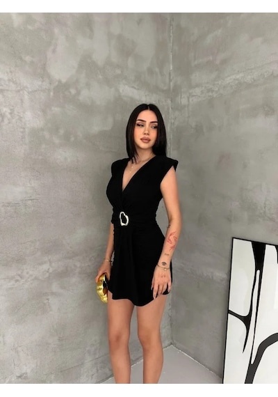 Dogutrend Kruvaze Drapeli Tokalı Mini Elbise Şık Gece Davet Abiye - Siyah