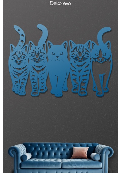Kedi Çetesi Beşli Kedi Silüeti Metal Duvar Dekoru - Metal Duvar Sanatı - Mavi - 75 X 50 Cm