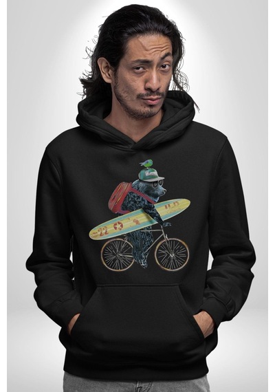 Komik Köpek Sörf Tahtası Bisiklet Kadın Erkek Siyah Kapüşonlu Sweatshirt Hoodie Siyah