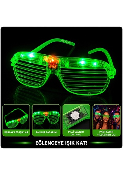 Led Işıklı Panjur Parti Gözlüğü Yeşil Renk Shutter Gözlük
