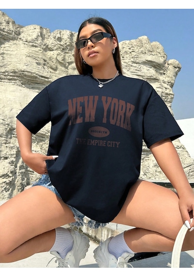Uyguntarz Pamuklu New York Baskılı Oversize T-shirt Lacivert