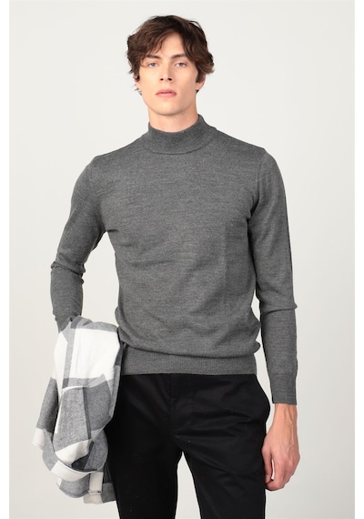 Tudors Slim Fit Dar Kesim Yarım Balıkçı Yaka Düz Erkek Kazak-12384 Gri