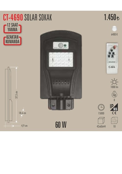 Ct-4690 60w Solar Led Projetör 1 Adet Beyaz Işık