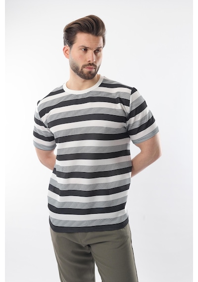 Madmext Siyah Bisiklet Yaka Çizgili Erkek T-shirt E7118 Siyah
