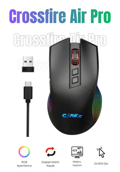 Crossfire Air Pro Kablosuz 24.000 Dpi Pixart Pmw3325 Sensör Makro Yazılımlı Chromatic Rgb Kablosuz Gaming Mouse - Siyah 2.4 Ghz Kablosuz + Bt5.1 + Type-c İle Kullanım Desteği Crossfire Air Pro Kablosuz 24.000 Dpi Pixart Pmw3325 Sensör Makro Yazılımlı Chromatic Rgb Kablosuz Gaming Mouse - Siyah 2.4 Ghz Kablosuz + Bt5.1 + Type-c İle Kullanım Desteği
