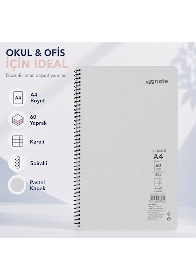 Mynote Flex Pastel A4 60 Yaprak 60 Gr Spiralli Kareli Defter Gri