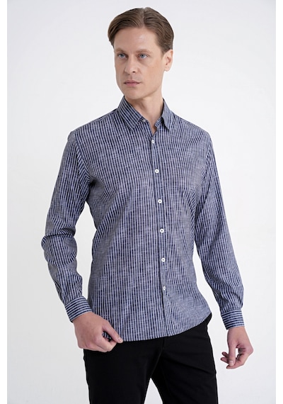 Slim Fit Klapa Yaka Esnek Pamuklu Siyah Çizgili Gömlek G 1599