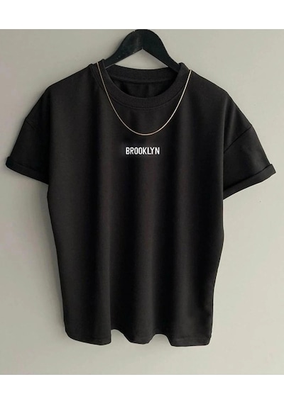 Siyah Oversıze Brooklyn Baskılı Bisiklet Yaka Unisex T-shirt Siyah