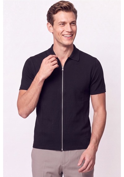 Efor Comfort Fit Rahat Kalıp Polo Yaka Fermuarlı Siyah Tişört Ts 930
