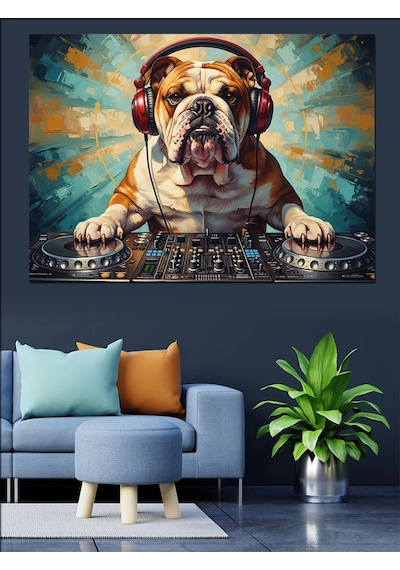 Dj Seti Başında Kulaklıklı Bulldog Dekoratif Kanvas - Mdf Ahşap Tablo