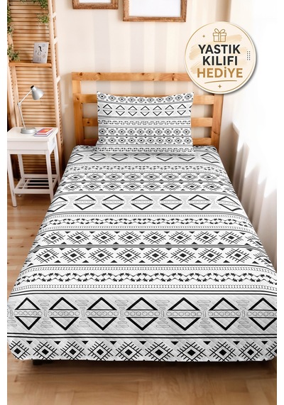 Siyah Geometrik Genç Odası Tek Kişilik Pike Takımı - Modern Etnik 160x220 Cm Kapitone Yatak Örtüsü Mumlu Adaçayı Uyumu