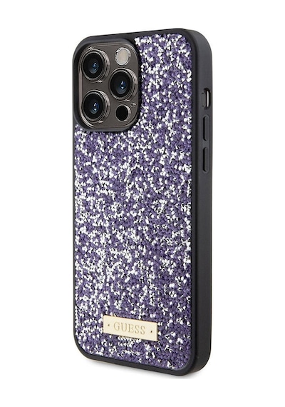 Apple Uyumlu iPhone 15 Pro Max Kılıf Guess Lisanslı Taşlı Arka Yüzey Metal Yazı Logolu Kapak Siyah