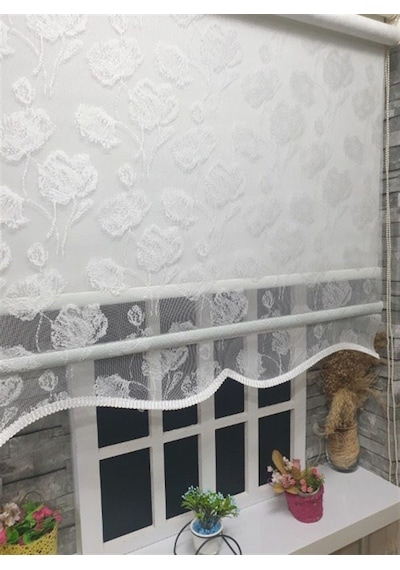 Çift Mekanizmalı Kirli Beyaz Tül Perde Ve Ekru Stor Perde Stb1093