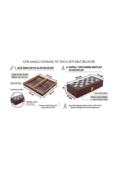 Kişiye Özel İsimli Ahşap 3'ü 1 Arada Satranç Dama Tavla Seti 34 Cm Kilitli Premium Oyun Takımı