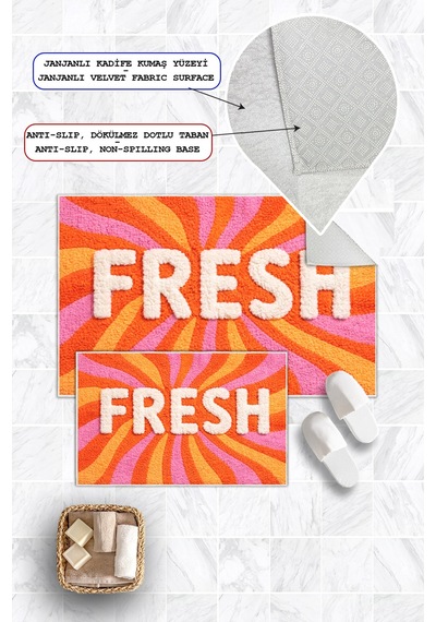 Fresh Yazılı Dijital Baskılı Yıkanabilir 2li Banyo Paspası 50x60-60x100 Turuncu