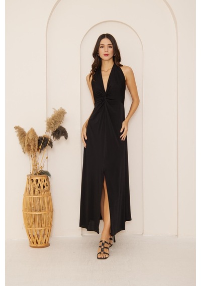 Darlin Moda Siyah Yırtmaçlı Önü Düğüm Detaylı Maxi Boy Elbise Dm1033
