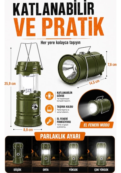4 Adet Şarjlı Solarlı Kamp Lambası El Feneri Powerbank Özellikli Taşıma Kulplu Haki 5800t Yeşil