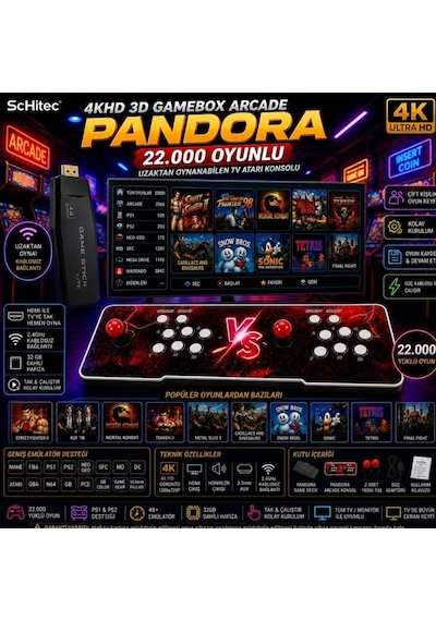 ScHitec 4KHD 3D Gamebox Arcade Pandora 21.000 Oyunlu Uzaktan Oynanabilir TV Konsolu