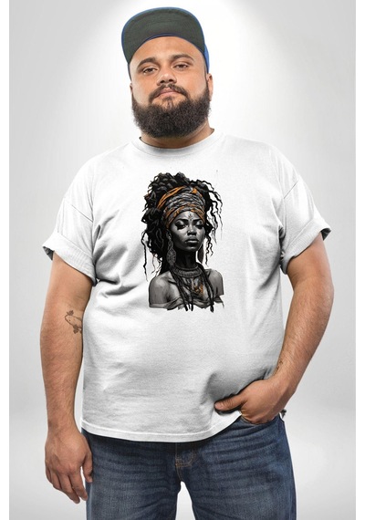 Angemiel Afrikalı Kadın Erkek Ünisex Sanat Beyazi Beyaz Büyük Beden Kadın Erkek Ünisex Basic Ön Baskılı Tişört Beyaz