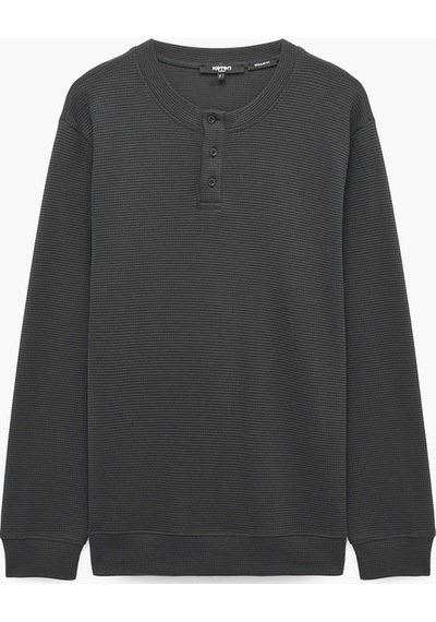 Koton Uzun Kollu Pamuklu Waffle Dokulu Henley Yaka Sweatshirt Antrasit 7wam70106mk