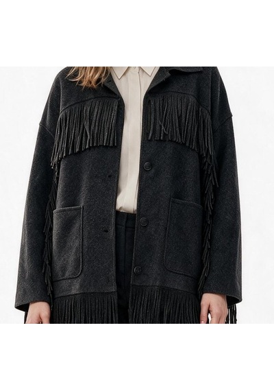 Marsel&leon Marsel Leon Kadın Oversize Püskül Detaylı Düğmeli Kaşe Kaban Siyah