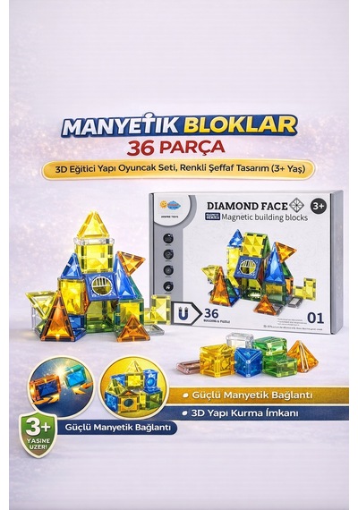 Manyetik Bloklar 36 Parça 3d Eğitici Yapı Oyuncak Seti, Renkli Şeffaf Tasarım