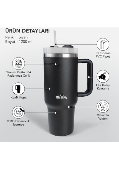 Any Morning Vaha 1200 Ml Üç Kademe Çevirmeli Kapaklı Çift Katman Çelik Termos Mug Siyah Sı2440217 Siyah