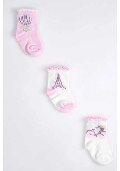 Cocole Socks Kız Çocuk Soket Çorabı 3 Lü Set Pamuklu Paris Temalı & Bisiklet Desenli Çok Renkli