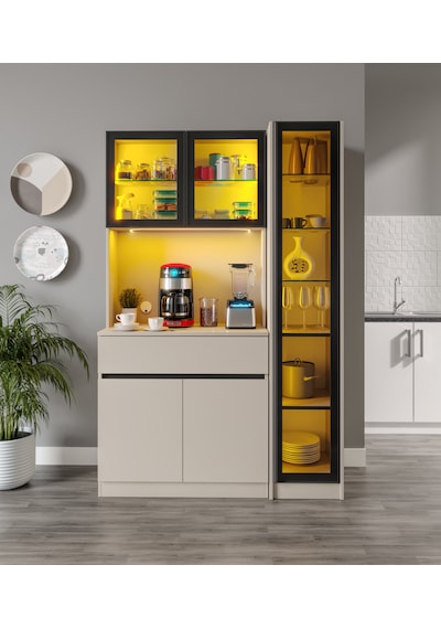 Lora Kum Beji Midi Sağ Vitrinli Komple Mdf Led Aydınlatmalı Kahve Köşesi Lora Kum Beji Midi Sağ Vitrinli Komple Mdf Led Aydınlatmalı Kahve Köşesi