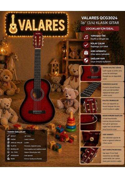 Valares Qcg3024 34 1/2 Yarım Boy Klasik Gitar Kırmızı Askı Aparatlı Çocuklar İçin İdeal Kolay Çalım