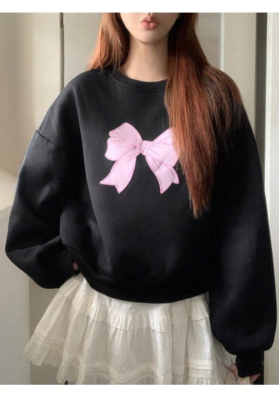 Startmore Block Bow Print Crew Neck Long Sleeve Black Sweatshirt,fall Clothes Çok Renkli