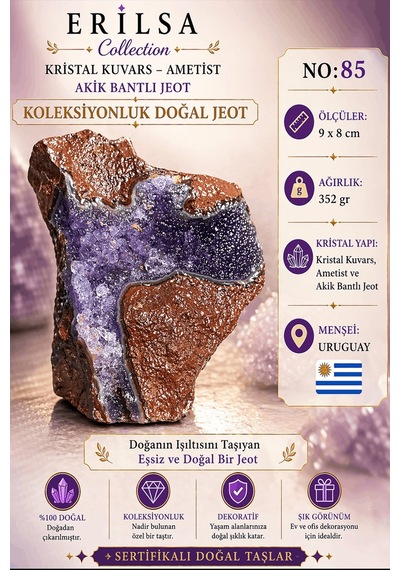 Sertifikalı Doğal Ametist Jeodu Akik Bantlı Kristal Kuvars Ham Ka 30330939