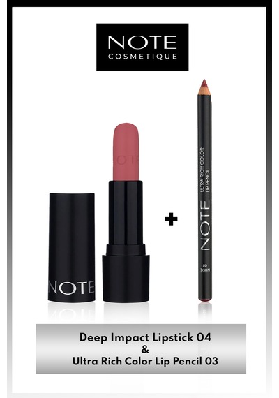 Note Cosmetics Deep Impact Kremsi Dokulu Yarı Parlak Ruj 04 Terracotta + Ultra Rich Color Dudak Kalemi 03 Nude