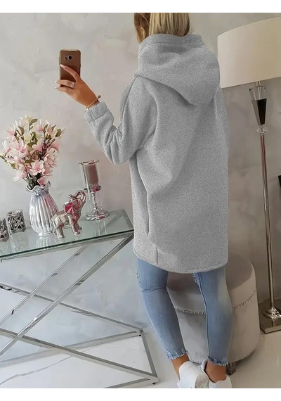 Gri Kadın 3 İplik Şardonlu Kapüşonlu Ceket Asimetrik Fermuarlı Oversize Gri