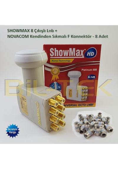 Showmax 8 Çıkışlı Gold Uçlu Lnb+ 8 Adet Novacom Özel F Konnektör