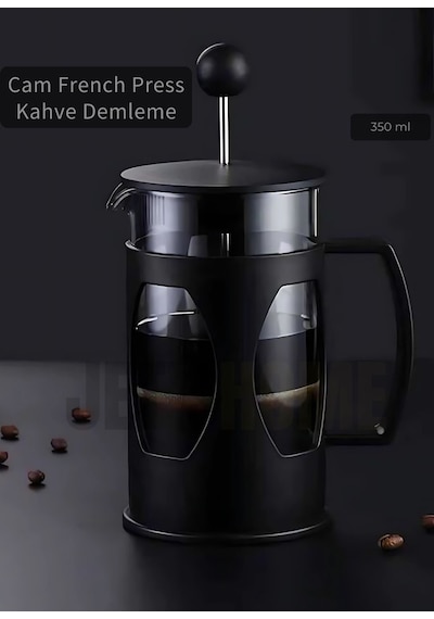 Cam French Press Kahve Demleme Paslanmaz İç Yapı Siyah 350 Ml Siyah