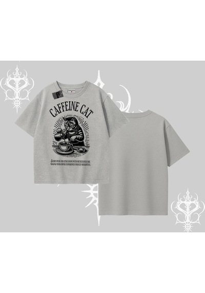 Startmore Startmore Oversize Tshirt Caffeine Cat Kahve Temalı Kedi Baskılı Gri