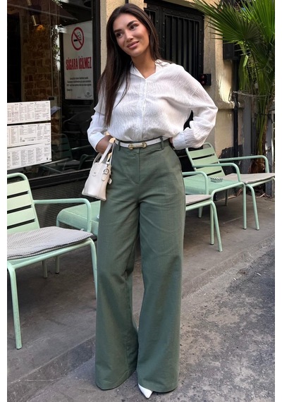 Madmext Haki Yüksek Bel Keten Wide Leg Pantolon Mg2718