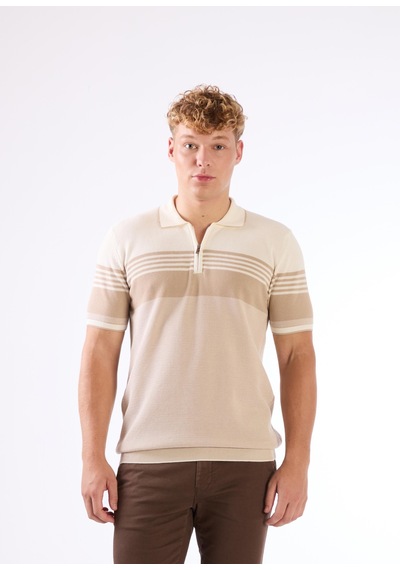 Dufy Bej Çizgili Yatay Desen Erkek Triko - Slim Fit Bej