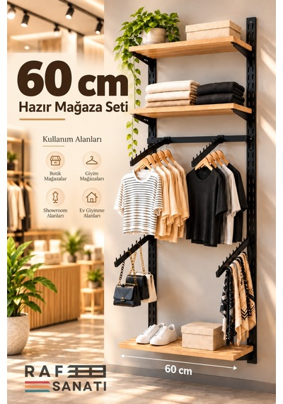 60 Cm 3 Raflı Hazır Mağaza Seti Konik Dikmeli Eğik Askılı Duvar Raf Sistemi Safir Meşe